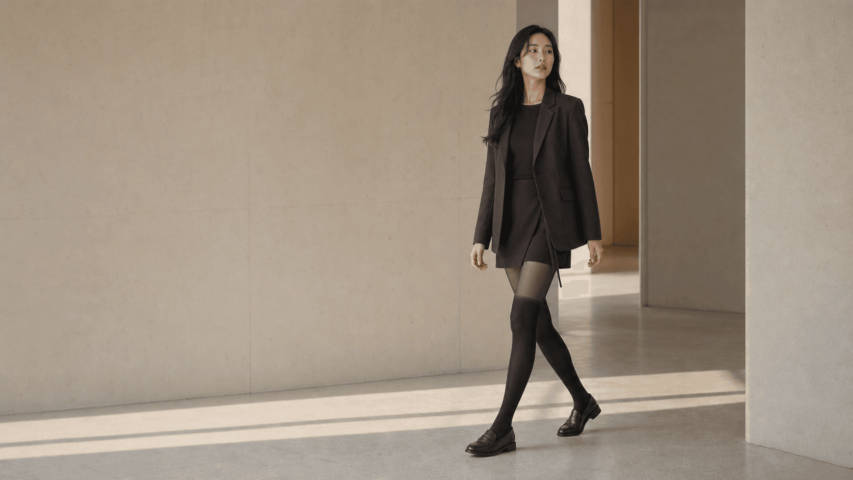 FRAME 혼합 편직 타이츠를 입고 Bone 갤러리를 걷는 성인 모델